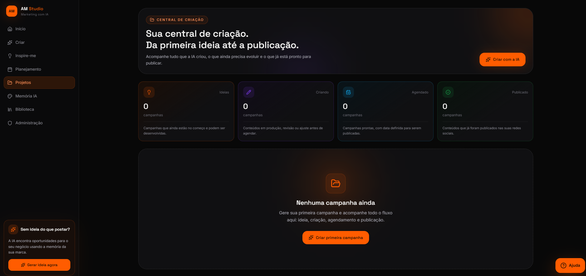 Projetos do AM Studio organizados em ideias, criando, agendado e publicado